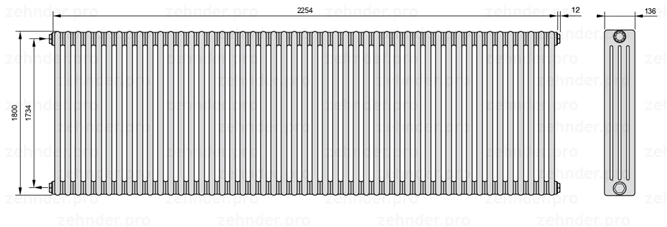 Схема (чертеж) Радиатор Zehnder Charleston 4180/49 №1270 Белый глянцевый RAL 9016